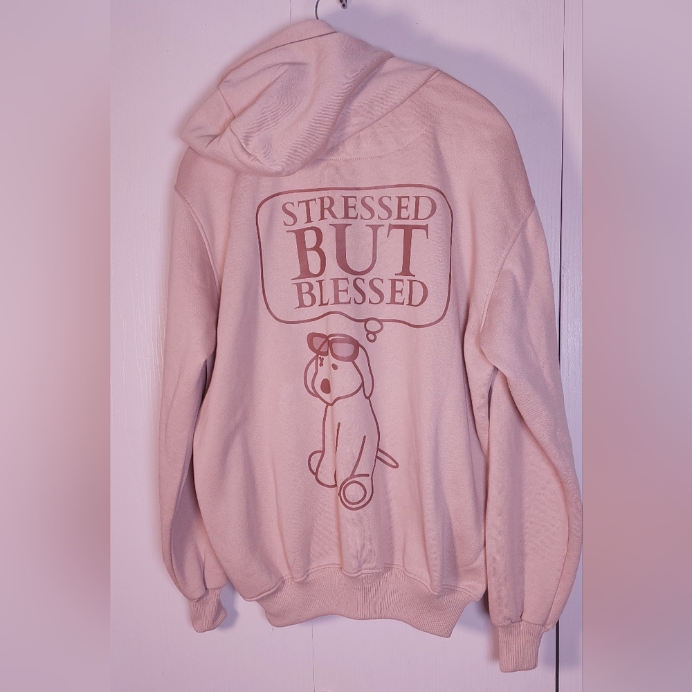 Tan Brown Graphic Dog Printed Pullover Hoodie Size XL Stressed But Blessed Comfy - Picture 6 of 12